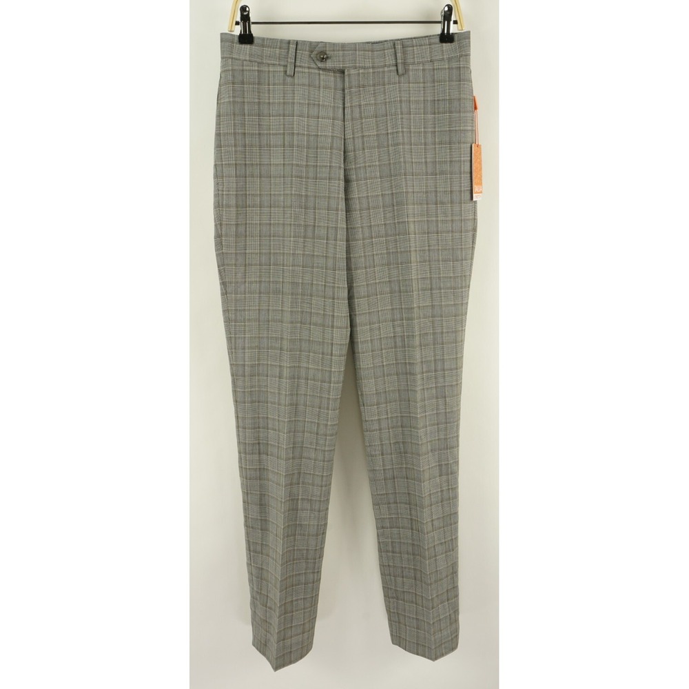 New $175 Tallia Mens 30 x 32 Slim Fit Gray Brown Plaid Wool Flat Front Suit Pant